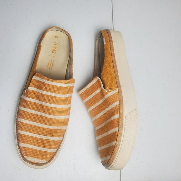 Toms Shoes - SOLD Toms Womens Slip On Sunflower Riviera Mules Shoes Yellow White Striped 9.5